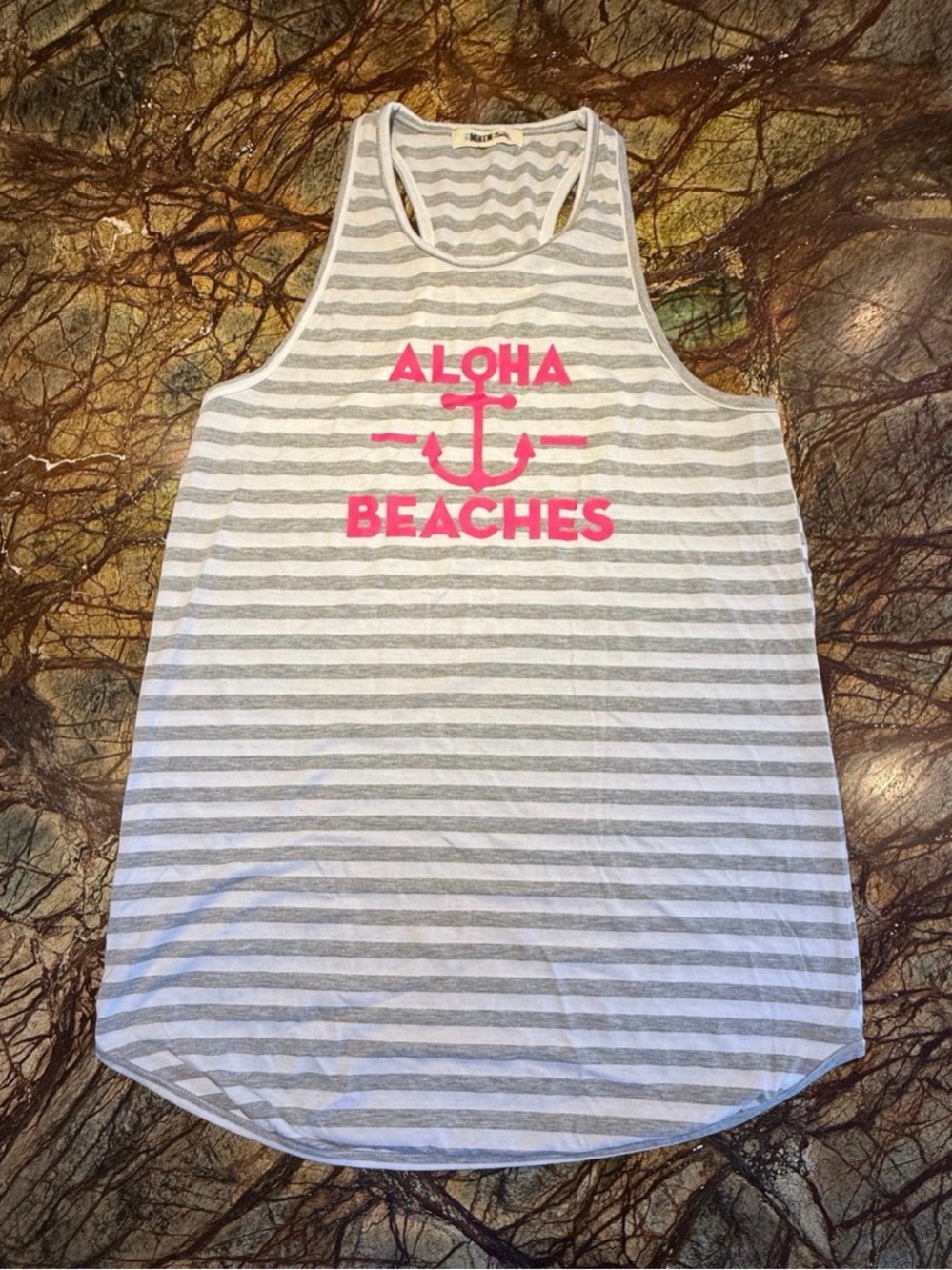Miken Gray & White Striped Racerback Tank with Pink Anchor Graphic